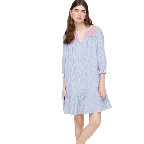 J. Crew Pink Embroidered Popover Blue White Stripe Dress size medium - Picture 1 of 11